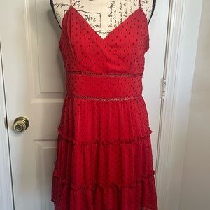 Altar'd State Red Tiered Midi Dress with Black Dot Print Peek A Boo Midi